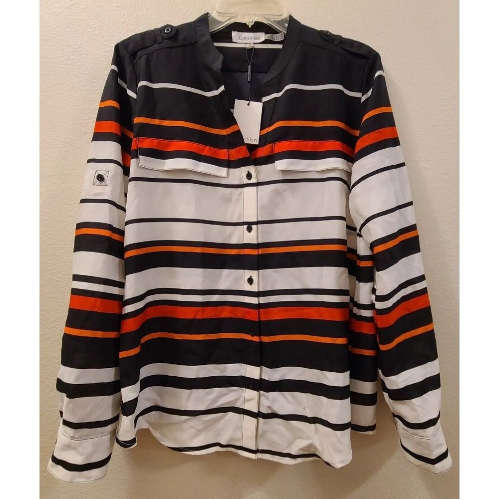 Calvin Klein Blouse Top Black White Pink Orange Stripe Women Size Small Roll-Tab